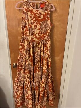 LA DoubleJ Orange Label Floral-Print Dress with Brown & Cream Motif Sz L